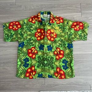 Corona Extra, Floral, Button Up, Short Sleeved Hawaiian Shirt - Green, red, blue